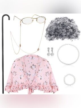 Old Lady Costume Wig and Accessories Glasses Necklace Cane Halloween Cosplay